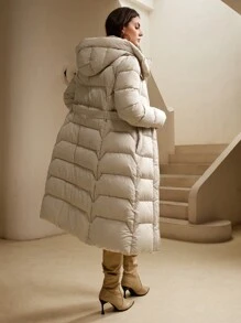 Anewsta 长款加厚连帽束腰棉服外套 - 米色 - 查看 2