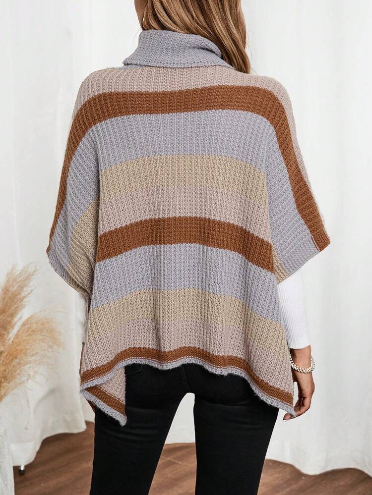 Women's High Collar Batwing Sleeve Loose Striped Casual Sweater, Autumn/Winter
