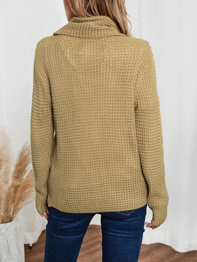 Women's Solid Color Turtleneck Long Sleeve Button Design Hem Casual Sweater, Autumn & Winter