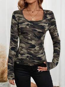 EMERY ROSE Women's Camouflage Print Square Neck Long Sleeve Fitted Fashionable T-Shirt, Spring & Summer - Army Green - View 3