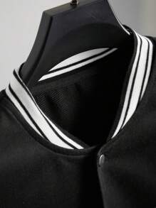Manfinity Homme Men's Casual Loose Fit Letter & Striped Print Long Sleeve Baseball Jacket For Spring & Autumn - Black and White - View 3