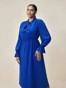 BizChic Plus Size Women's Solid Color Elegant Tie Front Bowknot Midi Dress For Spring And Summer - Blue - View 1