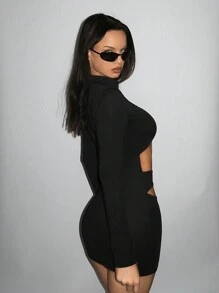 EgrlEra 女士性感纯色镂空紧身迷你连衣裙，夏季 Y2K 服装俱乐部服装假日女士连衣裙 - 黑色 - 查看 2