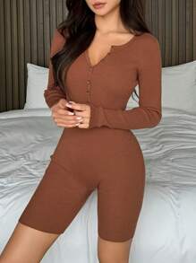 DAZY Knitted Ribbed Slim Fit Half-Zip Romper Loungewear - Brown - View 4