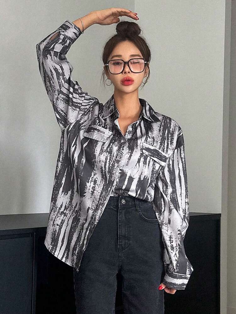 Tie-Dye Allover Print Tree Pattern Oversized Long Sleeve Shirt