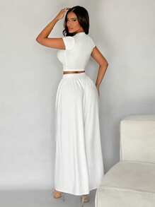 SHEIN SXY Women's Summer Casual Solid Color Slim Fit Cropped T-Shirt And Wide-Leg Pants Set - White - View 2