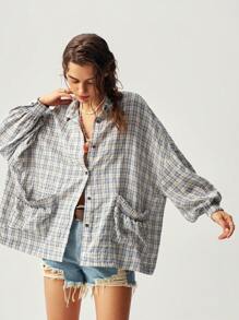 Bohemela 女士度假格子图案休闲衬衫、长袖上衣