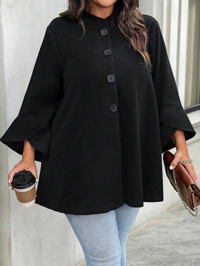 Plus Size Women's Knit Woolen Black 3/4 Sleeve Stand Collar Button Decorated Midi Coat, Suitable For Autumn, Winter, Christmas, Halloween Party Fall