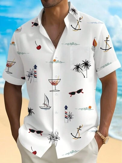 Manfinity RSRT Men's Button Up Floral & Palm Tree Print Graphic Short Sleeve Fashionable Casual Collar Shirt For Holiday, Vacation