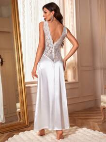 Lace Patchwork Silk-Like Backless Pajama Night Long Dress - White - View 4