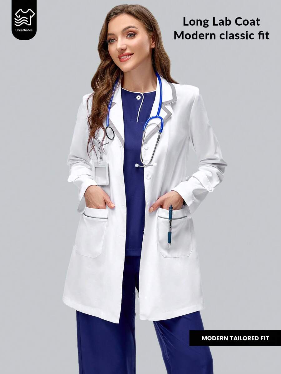 TaskEZ Áo khoác phòng thí nghiệm dài tay/Áo choàng trắng có cổ và túi - trắng - Xem 1
