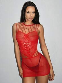 SHEIN Unity 红色性感镂空前迷你连衣裙 - 紅色 - 查看 4