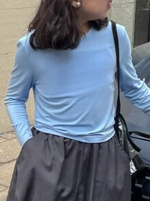 DAZY 1 件女童纯色休闲百搭 T 恤 - 藍色 - 查看 7