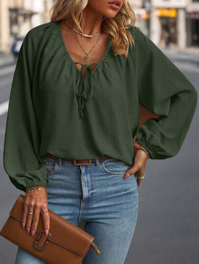 Plus Size V-Neck Tie-Up Long Sleeve Casual Loose Comfortable Blouse Fall Cloth For Women