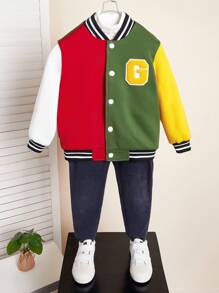 SHEIN 1pc Young Boys' Casual Varsity Jacket, Comfortable, Fashionable, Versatile, Breathable, Suitable For Daily Wear, School, Outings, Sports, Autumn & Winter Season