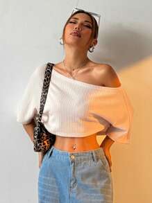 SHEIN EZwear Camiseta holgada de mujer con mangas de murciélago, cuello asimétrico, recortada y de costillas, informal