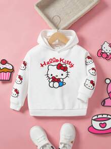 HELLO KITTY AND FRIENDS | SHEIN 年轻女孩卡通印花连帽落肩宽松运动衫 - 白色 - 查看 1
