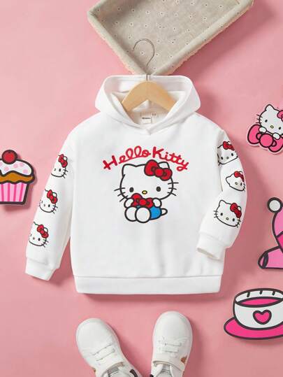 HELLO KITTY AND FRIENDS | SHEIN 年轻女孩卡通印花连帽落肩宽松运动衫