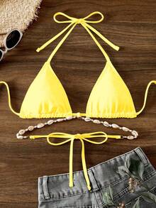 SHEIN Swim 女士纯色露背系带比基尼上衣，休闲度假夏季 - 黃色 - 查看 4