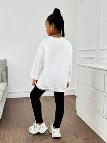 SHEIN Conjunto informal de 2 piezas de niña preadolescente con sudadera de cuello redondo holgada con parche de letras y manguitas caídas, talla grande mallas, conjunto de vuelta al colegio