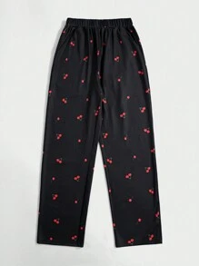SHEIN Unity Black Cherry Print All-Over Straight Leg Drawstring Waist Casual Sweatpants Fall Cloth For Women - Black - View 1