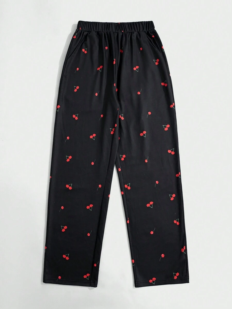 SHEIN Unity Black Cherry Print All-Over Straight Leg Drawstring Waist Casual Sweatpants Fall Cloth For Women - Black - View 1