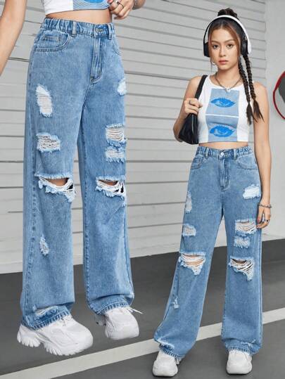 Y2K Distressed Casual Outdoor Denim Jeans For Teen Girl Versatile For Autumn/Winter