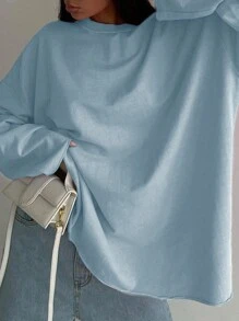 INAWLY Women's Solid Color Crew Neck Long Sleeve Pullover Sweatshirt - Baby Blue - View 6