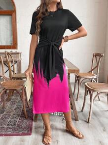 SHEIN LUNE Vestido de mujer con cuello redondo y detalles a dos tonos con cinturón, manga corta y abertura alta. Elegante y gracioso - Rosa Fucsia - Ver 3