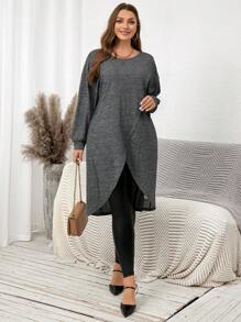 SHEIN Clasi 大码女式纯色圆领长袖简约休闲衬衫宽松款 - 淺灰色 - 查看 4