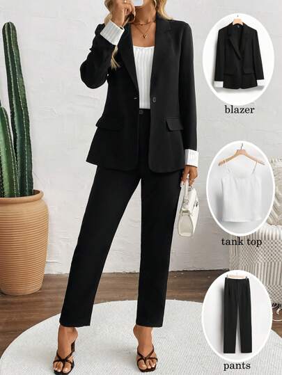 EMERY ROSE 3 件套女士套装：撞色袖口长袖夹克、细肩带吊带背心、纯色长裤