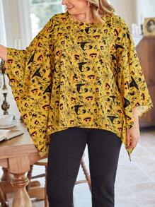 Halloween Plus Size Women Pumpkin Print Round Neck Batwing Loose Casual Blouse, Spring Summer Fall Cloth For Women