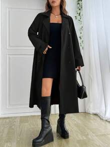 SHEIN EZwear 雙排釦腰帶風衣外套 - 黑色 - 查看 1