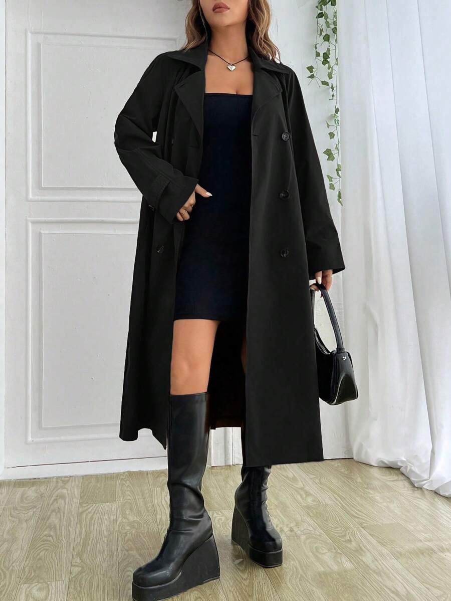 SHEIN EZwear 雙排釦腰帶風衣外套 - 黑色 - 查看 1