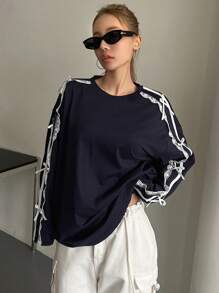 DAZY Long Sleeve T-Shirt With Crew Neck, Lace Panel, White Trim And Bow Accent,Fall Women Clothes