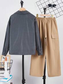 2 件套儿童青少年男童休闲韩版可爱刺绣领开衫衬衫和直腿裤套装