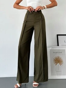 Firerie Quần ống rộng cạp cao có túi nhún cho nữ mùa thu quần ống rộng đi làm - màu xanh lá - Xem 3