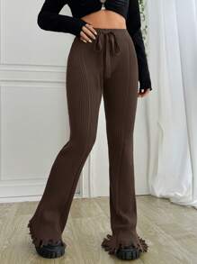 Muchica Women Solid Color Belted Flared Casual Knit Top And Pants Set In Fall/Winter - Chocolate Brown - View 5