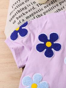 SHEIN LMoss Kids LMoss 年轻女孩宽松可爱花卉印花短袖圆领落肩 T 恤 - 紫色 - 查看 5