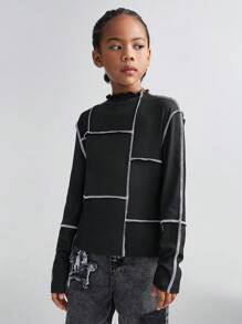 SHEIN Tween 女童秋冬日常穿着撞色滚边修身圆领黑色带袖上衣 - 黑色 - 查看 6