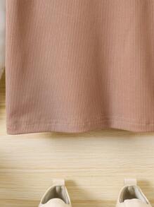 SHEIN 1pc Young Girls Casual Commuter Textured Ribbed Patchwork Elastic Long Sleeve Collared Shirt, Fashion Versatile Stylish & Elegant Suitable For Spring & Autumn Mocha Tops For Baby Girlbrown Tops For Baby Girlmocha Blouse For Young Girl - Multicolor - View 6