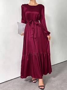 Al Najma Burgundy Red Women's Elegant Arabian Dress With Crew Neck, Lantern Sleeves And Ruffle Hem Modest Long Sleeve Elegant Style For Casual Daily/Work/Holiday/Evening Parties/Wedding Guest Arabian Dress - Burgundy - View 2