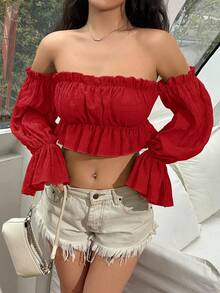 SHEIN Unity 女士度假纯色荷叶边露肩长袖短款时尚衬衫荷叶边上衣 - 紅色 - 查看 3