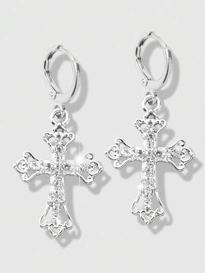 Goth 1pair Fashion Zinc Alloy Rhinestone Decor Cross Drop Earrings For Women For Daily Decoration
