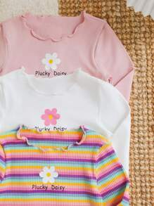 SHEIN Young Girl  3pcs /Sets  Basic  Knitted Solid Color Round Neck Flower And Letter Pattern Casual Long Sleeve  Lettuce Trim T-Shirt - Multicolor - View 5