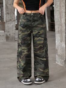 SHEIN 少女休闲迷彩图案工装牛仔裤（水洗） - 軍綠色 - 查看 8