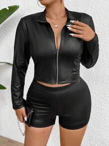 Allurite Set de 2 piese pentru femei, primăvară, vară, cu fermoar și pantaloni scurți - Negru - Vizualizare 5