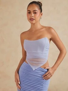 Hauture Vêtements d'automne pour femmes, Top tube simple de style quotidien en couleur unie bleue avec baleines, corset, Top transparent asymétrique, Top de pays, Top court, tenue de sortie - Violet - Voir 5