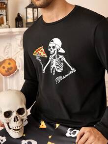 2 piezas Conjunto de pijama de manga larga con estampado de esqueleto y pizza para hombre en Halloween - Negro - Ver 6