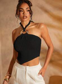 SHEIN Unity Gold Hardware Detail Asymmetrical Hem Halter Crop Top - Black - View 1